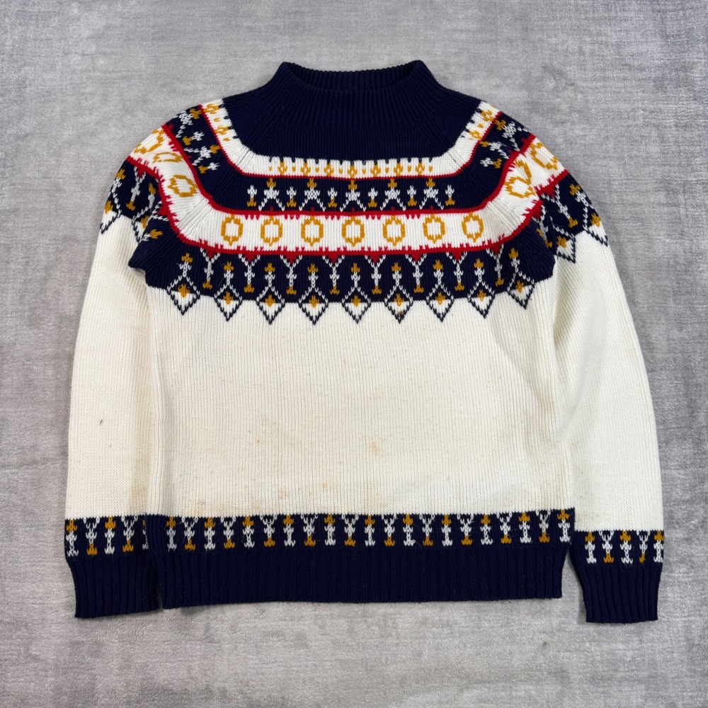 Vintage JC Penney Sweater Womens Large White Fair Isle Nordic Knit Mock Neck
